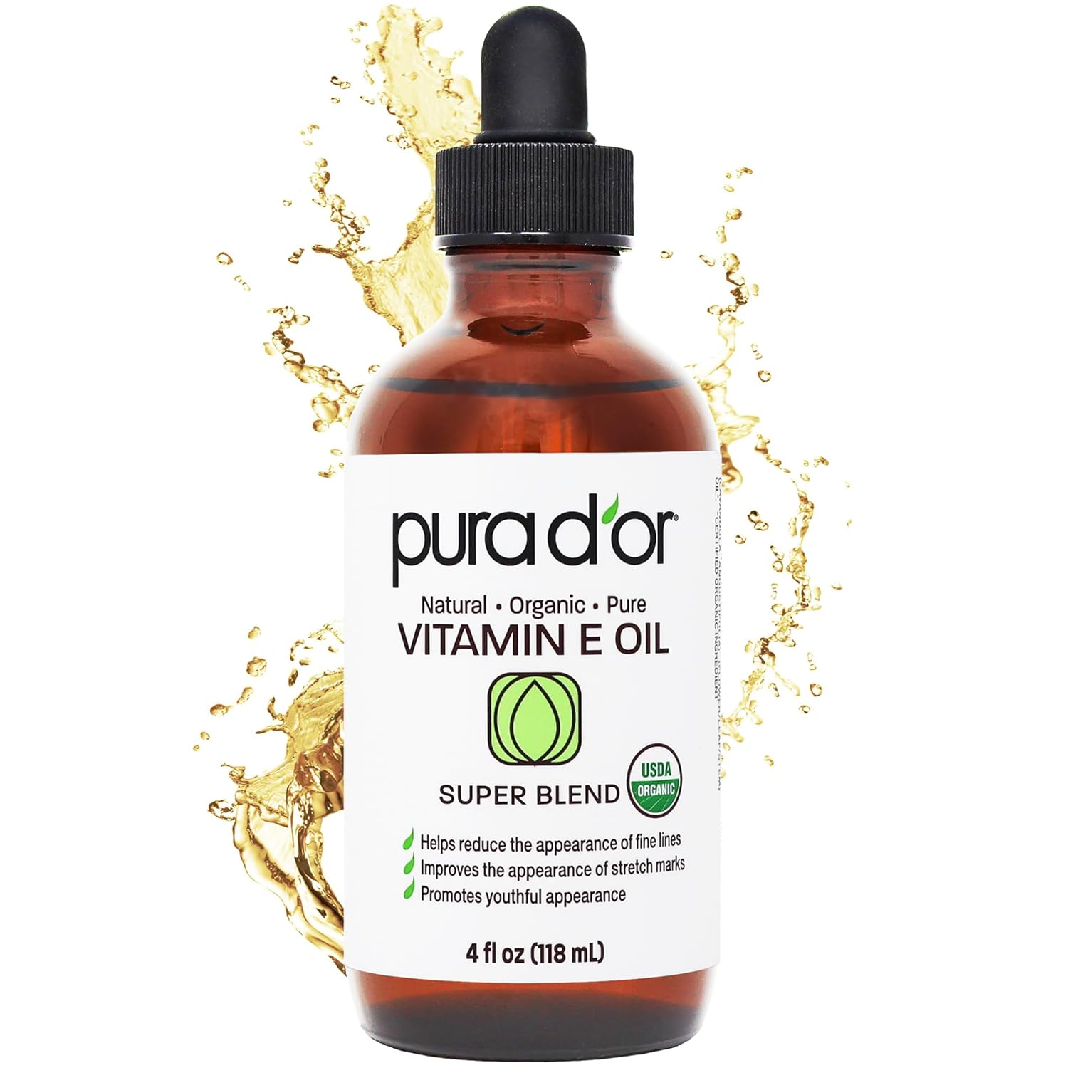 Pura D'or 4 Oz Organic Vitamin E Oil &amp;ndash; Usda Certified Face, Body, Hair &amp;amp; Bath Oil With Argan, Jojoba, Rosehip, Apricot, Almond &amp;amp; Avocado &amp;ndash; Lightweight Moisturizing Blend for Soft, Smooth Skin