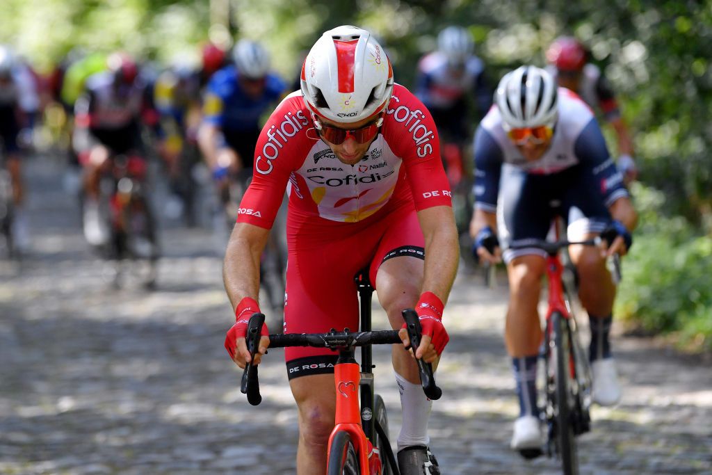 TOURNAI BELGIUM SEPTEMBER 29 Piet Allegaert of Belgium and Team Cofidis attacks during the 80th Euromtropole Tour 2021 a 1776km race from La Louvire to Tournai Eurometrotour on September 29 2021 in Tournai Belgium Photo by Luc ClaessenGetty Images