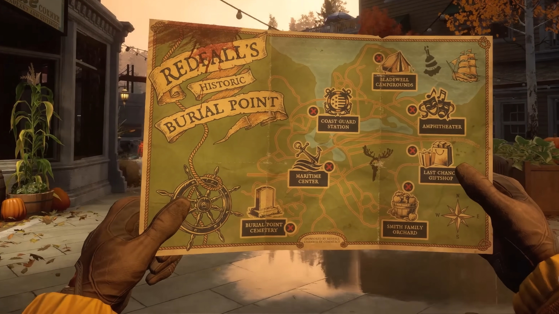 A character in Redfall holds up a map of Burial Point