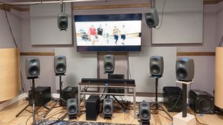 An array of Genelec speakers with a Samsung soundbar in the middle at Samsung Audio Lab