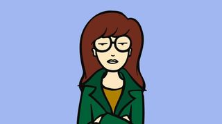 animated character daria wears glasses and a green jacket while posing with her arms crossed