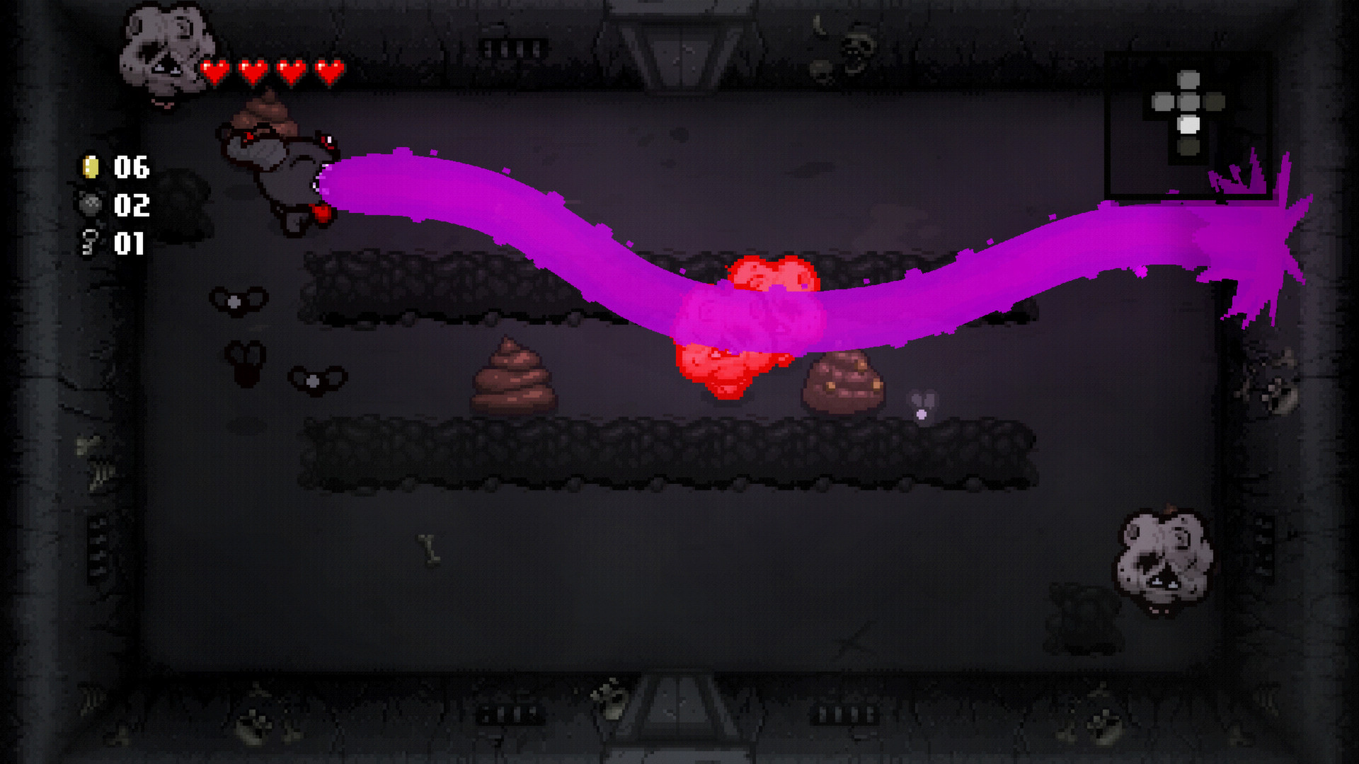 A demonically mutated Isaac firing a wavy, purple beam in The Binding of Isaac: Rebirth.