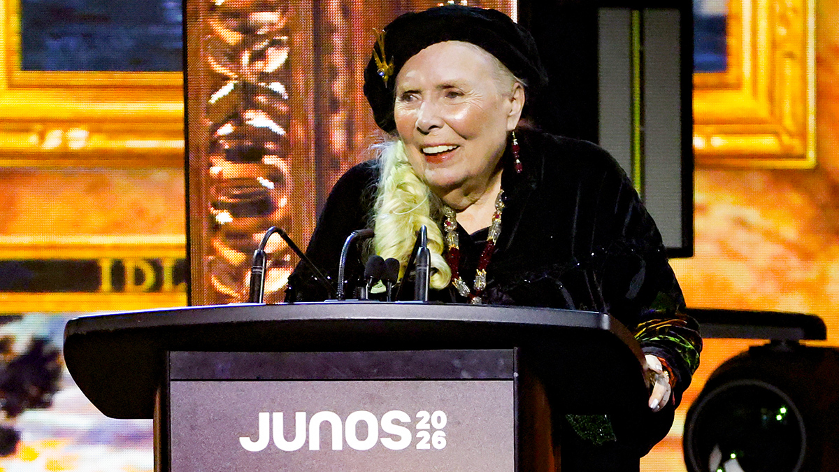 HAMILTON, ONTARIO - MARCH 29: Joni Mitchell accepts the Lifetime Achievement award onstage during the 2026 JUNO Awards at TD Coliseum on March 29, 2026 in Hamilton, Ontario. (Photo by Cindy Ord/Getty Images)