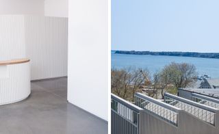 Two images. Left, a white reception counter with a wooden top and a passage next to it. Right, a factory with 4 triangular roofs and trees and the harbour behind it.