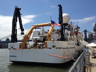 The NOAA ship Okeanos Explorer, docked along the East River in New York, on July 26. It is the only federally-owned ship solely devoted to exploring the seafloor.