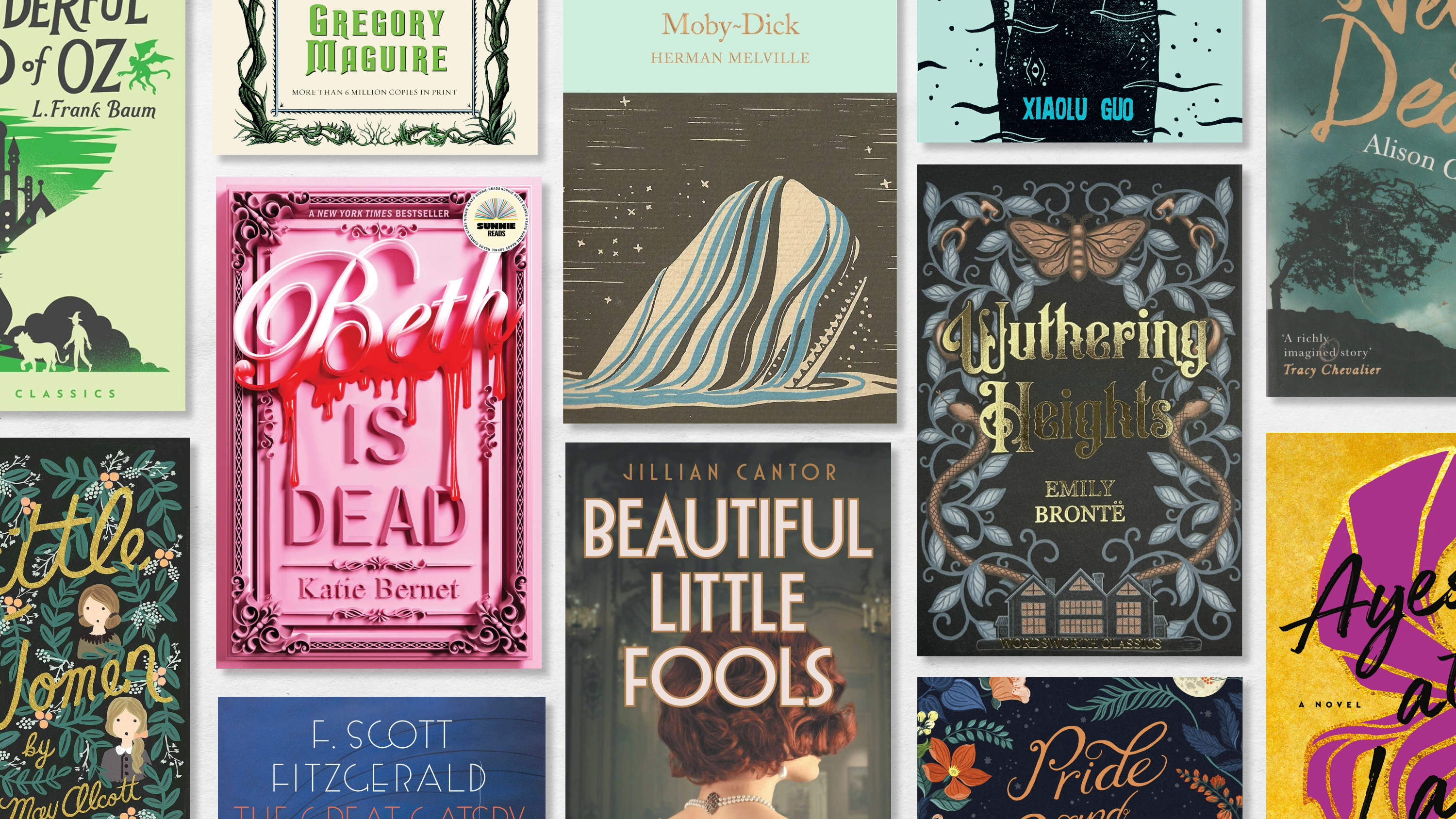 a collage of book covers of novels that reimagine literary classics like beth is dead and beautiful little fools