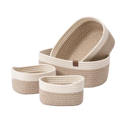 La Jolie Muse Rope Storage Baskets for Organizing, Small Cotton Woven Basket for Bathroom Shelf Nursery, Decorative Basket Organizer Bins 4 Pack, White&amp;amp;desert