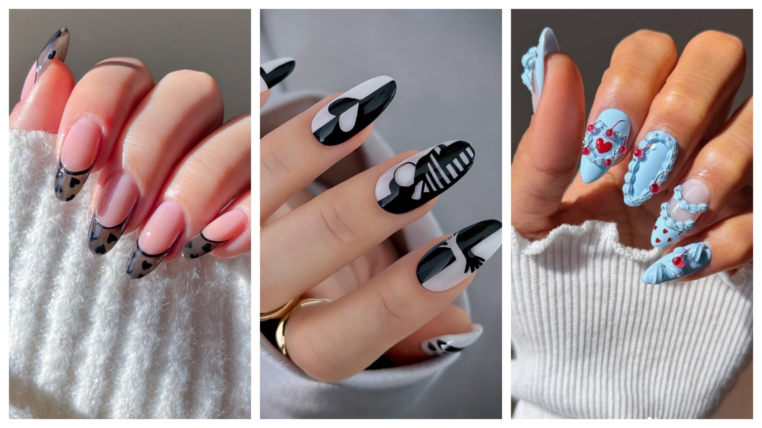 a trio of nail designs in light blue and black and white hearts