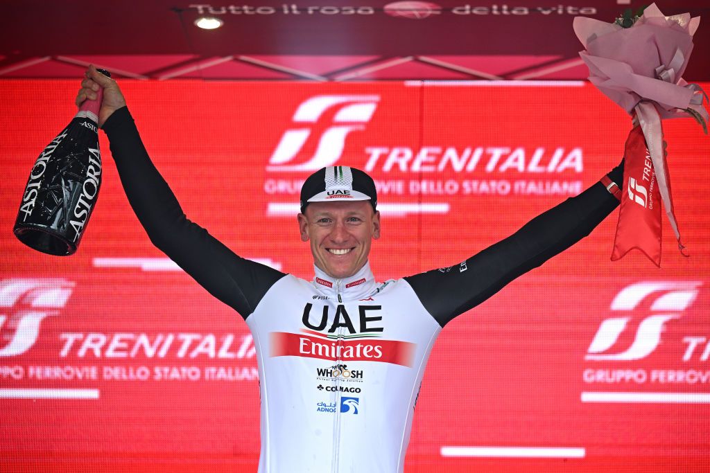 TORTONA ITALY MAY 17 Pascal Ackermann of Germany and UAE Team Emirates celebrates at podium as stage winner during the 106th Giro dItalia 2023 Stage 11 a 219km stage from Camaiore to Tortona UCIWT on May 17 2023 in Tortona Italy Photo by Stuart FranklinGetty Images