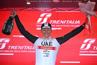 TORTONA ITALY MAY 17 Pascal Ackermann of Germany and UAE Team Emirates celebrates at podium as stage winner during the 106th Giro dItalia 2023 Stage 11 a 219km stage from Camaiore to Tortona UCIWT on May 17 2023 in Tortona Italy Photo by Stuart FranklinGetty Images