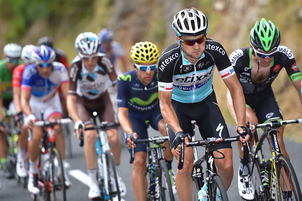 Michal Golas rides in the breakaway during stage 14.