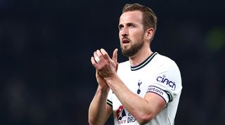 Tottenham striker Harry Kane applauds the fans after his side's 2-2 draw at home to Manchester United in April 2023.