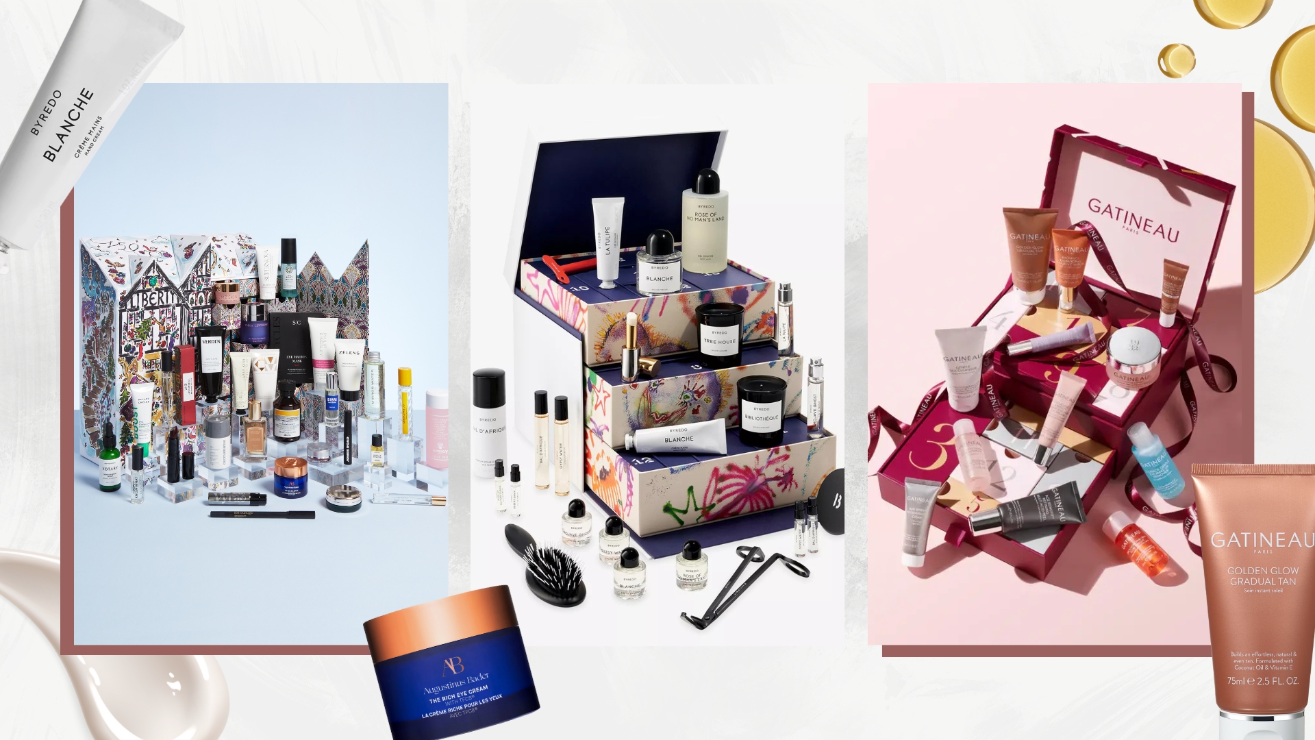 Collage of the best beauty advent calendars (L-R) Liberty, Byredo and Gatineau, on a white background with Byredo, Augustinus Bader and Gatineau products and swatches