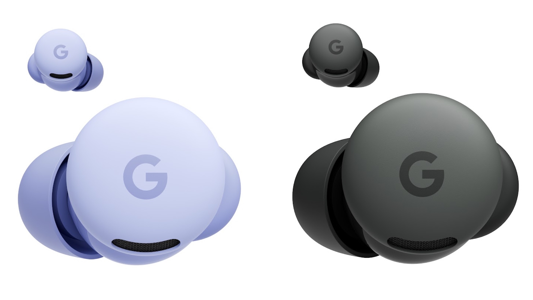 Google Pixel Buds 2a in Iris and Hazel colors on a white background