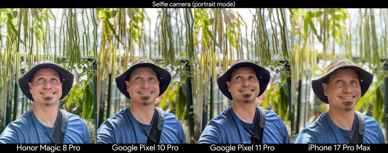 Comparing camera portrait modes between the Google Pixel 11 Pro, Pixel 10 Pro, iPhone 17 Pro Max, and Honor Magic 8 Pro