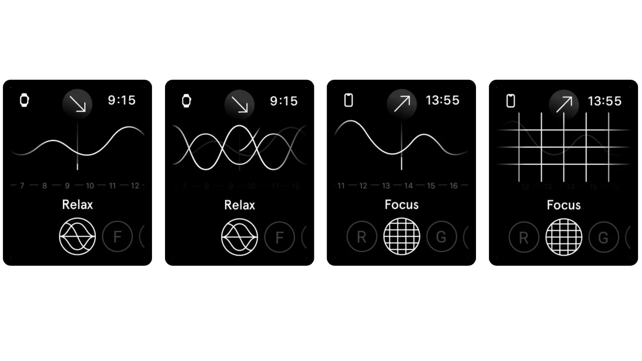 Skjermbilder av appen Endel på Apple Watch.