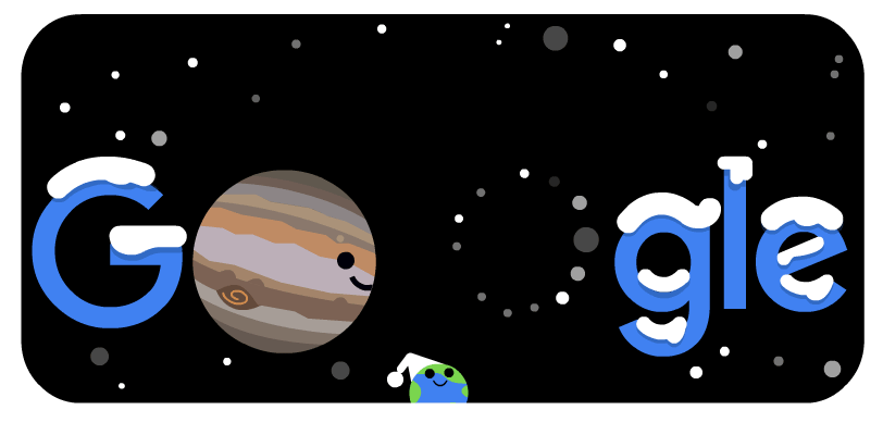 A Google Doodle celebrating the "great conjunction" of Jupiter and Saturn and the solstice of Dec. 21, 2020.