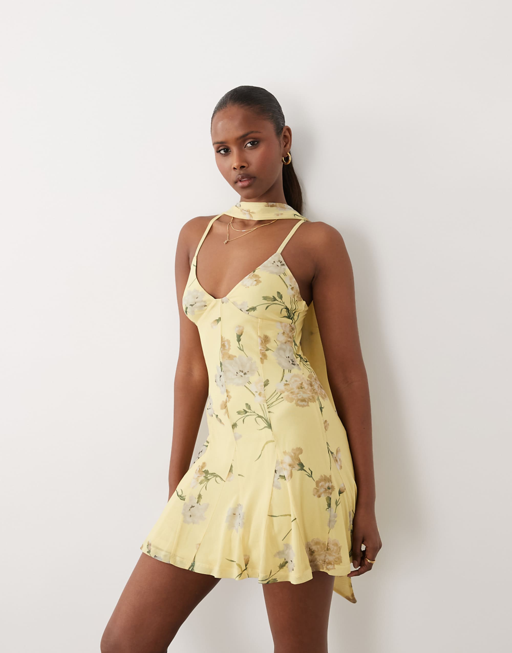 Asos Design Printed Mesh Scarf Detail Godet Mini Dress in Lemon Floral