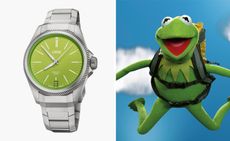 Oris ProPilot X Kermit Edition watch with green dial, and Kermit the frog, parachuting