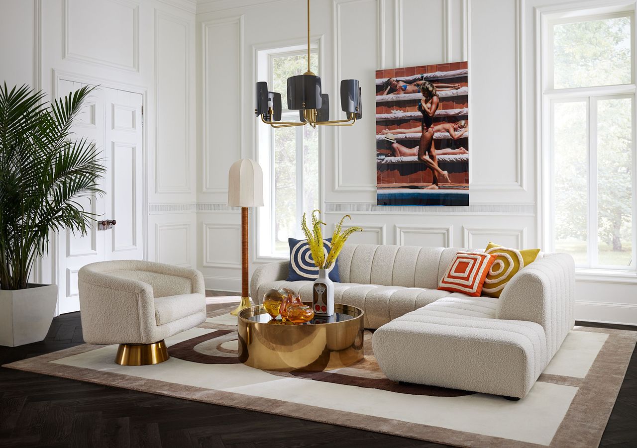 A living room with textured pillows