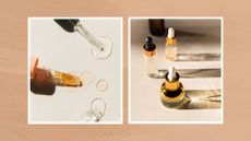 On the left, a close up of glass pipettes with colourful serum, alongside a picture of three glass serum bottles to illustrate Hyaluronic acid vs retinol/ in a beige textured template