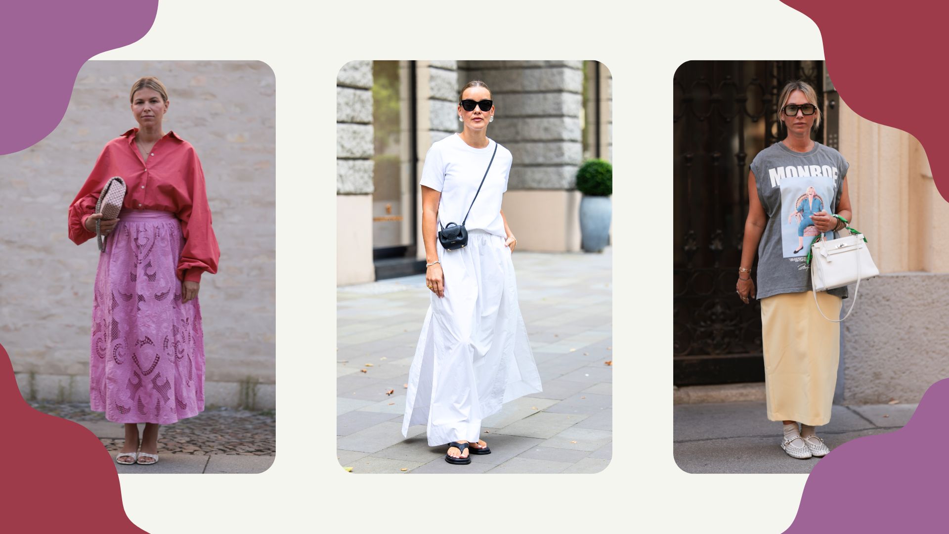 Three women wear three different long skirt outfits