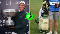 Adrian Meronk holds the Alfred Dunhill Links Championship trophy, with a close up of his bag