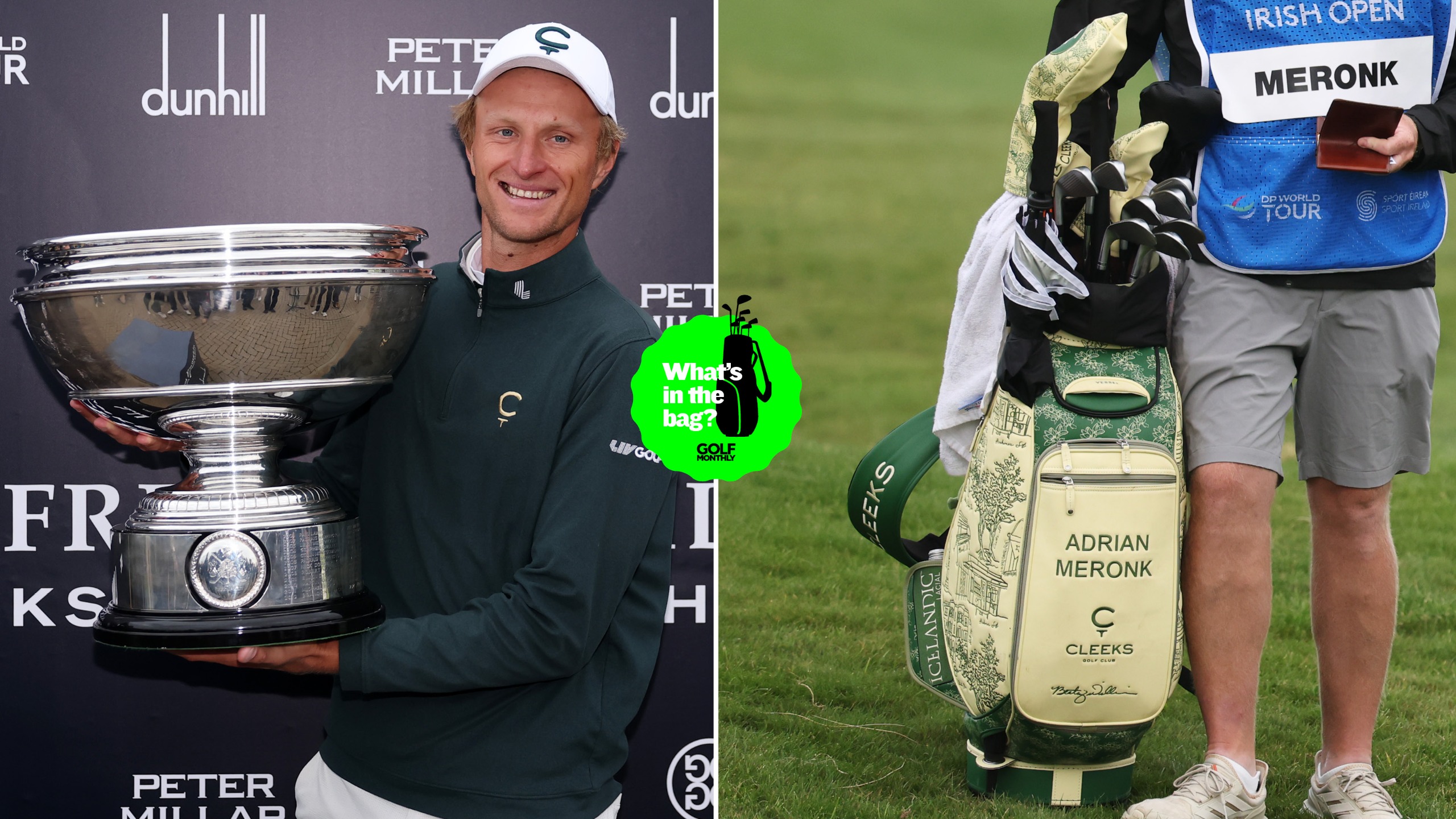 Adrian Meronk holds the Alfred Dunhill Links Championship trophy, with a close up of his bag