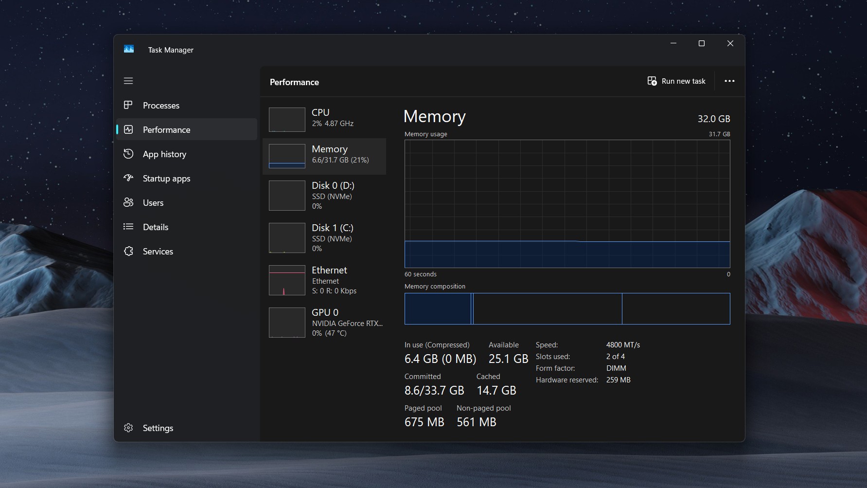 Task Manager showing RAM usage stats
