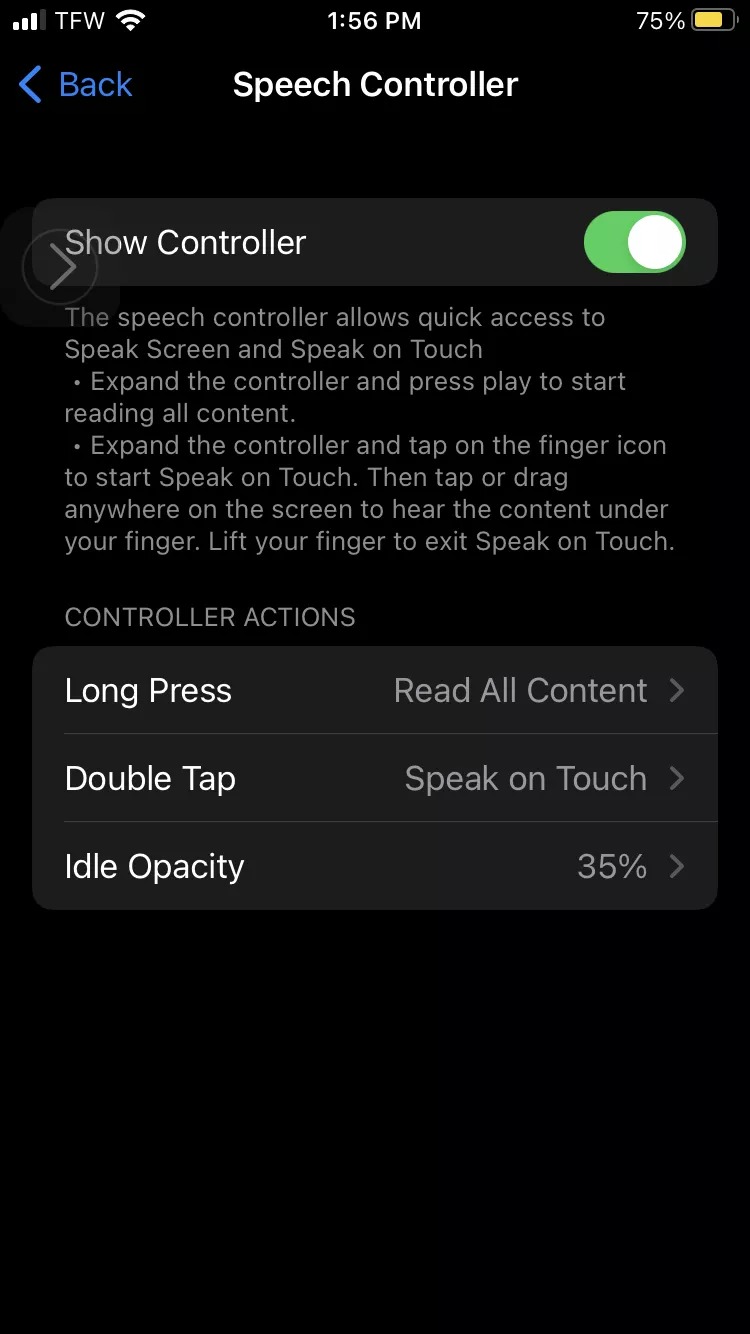 speech controller settings iphone
