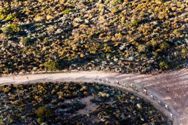 Aerial shot of riders during stage seven of the 2010 Absa Cape Epic Mountain Bike stage race held in and around Oak Valley in the Western Cape, South Africa.