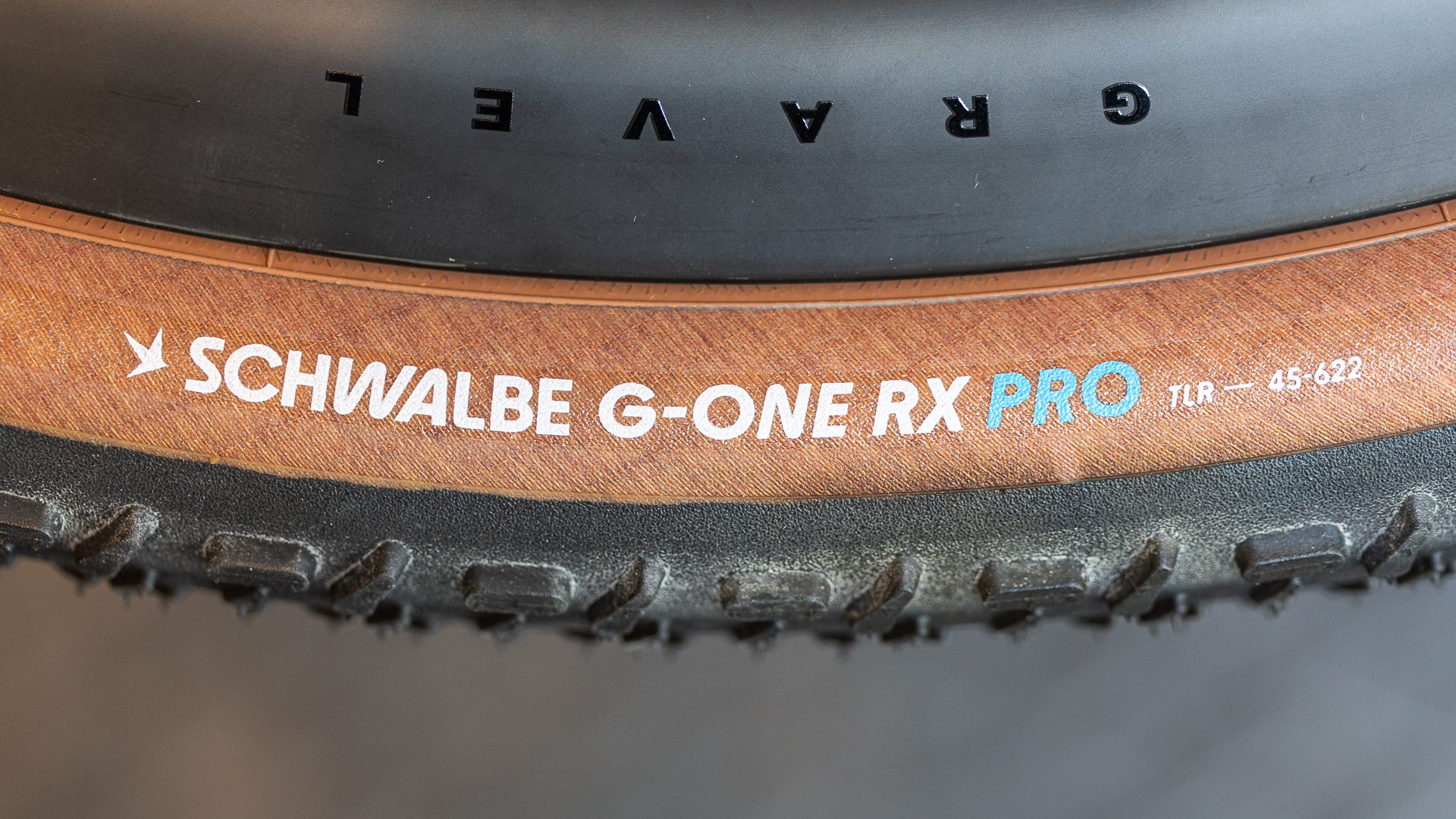Close up of a Schwalbe G-One RX Pro Gravel tyre on a carbon rim