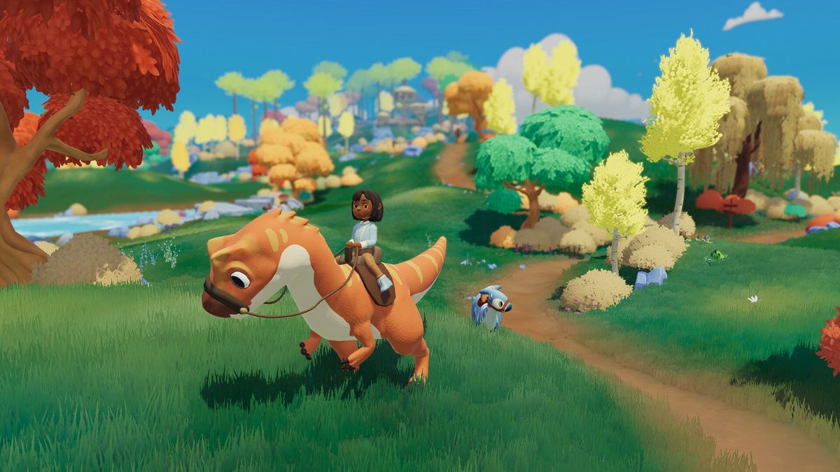 Screenshot from Paleo Pines showing a character riding a dinosaur through greenery