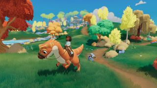 Screenshot from Paleo Pines showing a character riding a dinosaur through greenery