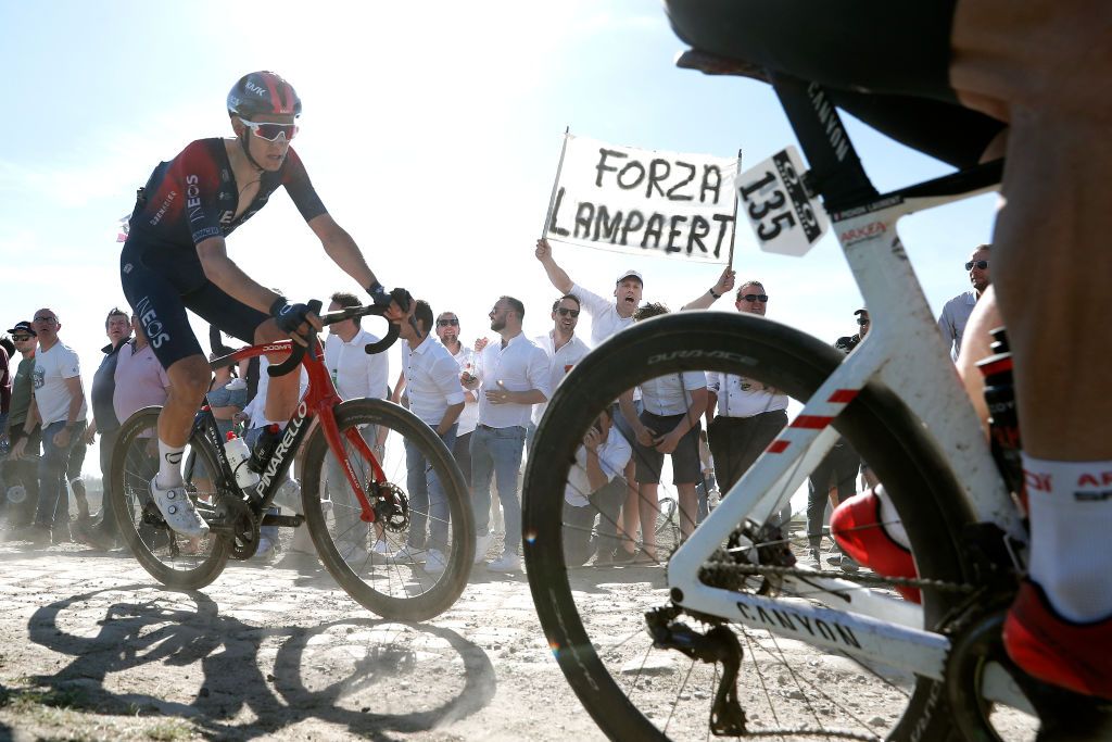 ROUBAIX FRANCE APRIL 17 Ben Turner of United Kingdom and Team INEOS Grenadiers competes passing through a cobblestones sector during the 119th ParisRoubaix 2022 Mens Elite a 2572km one day race from Compigne to Roubaix ParisRoubaix WorldTour on April 17 2022 in Roubaix France Photo by Bas CzerwinskiGetty Images