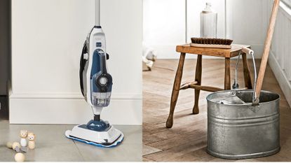 Steam cleaner vs mop in a steel bucket