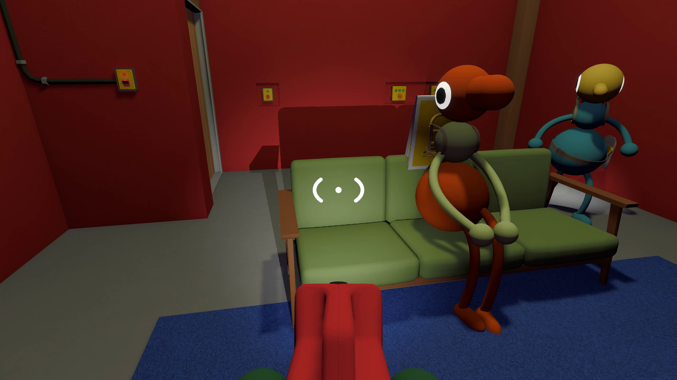 Player sitting on couch while another stands