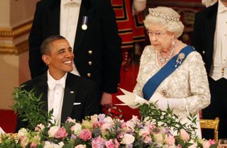 The Queen wearing the Grand Duchess Vladimir Tiara with Barack Obama