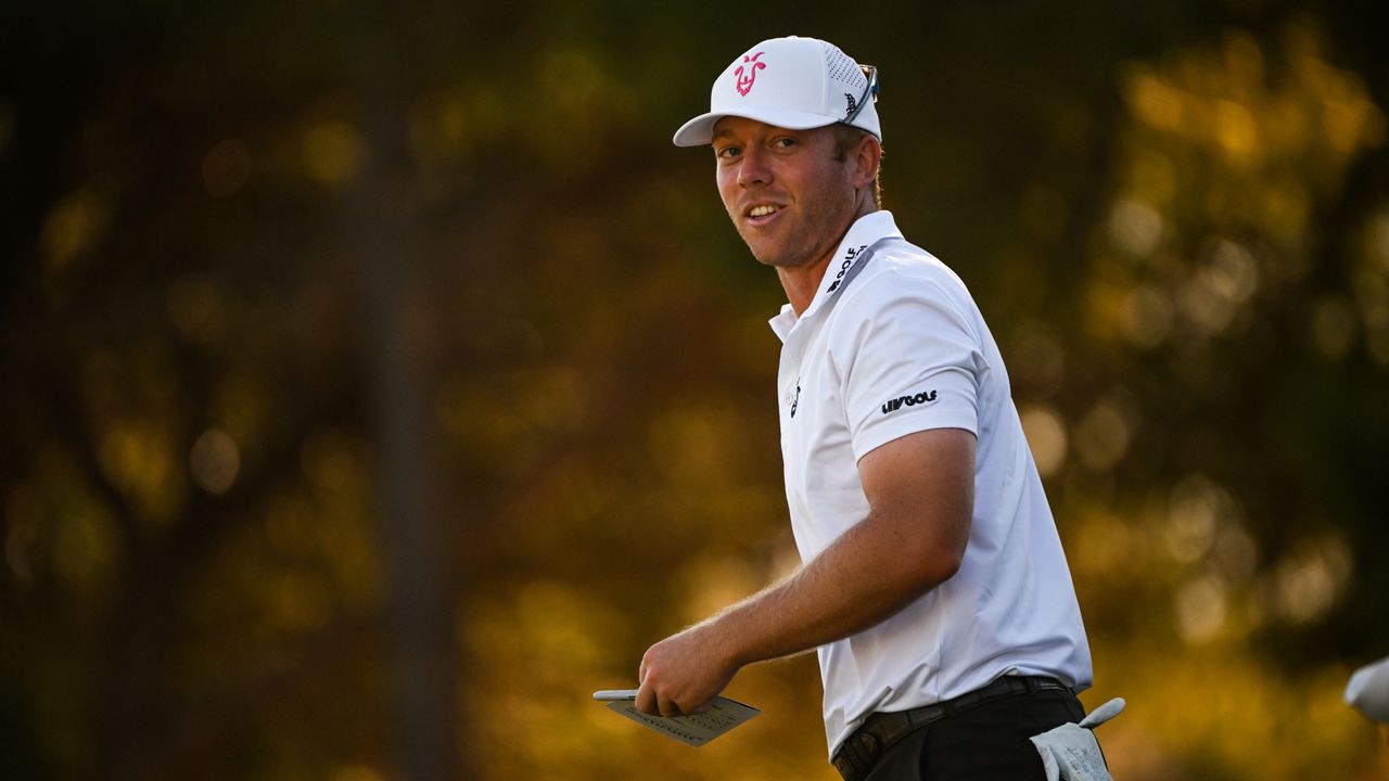 Talor Gooch of RangeGoats GC reacts after completing his round on the 18th hole during day two of Liv Golf Adelaide at The Grange Golf Course on April 22, 2023 in Adelaide, Australia. 