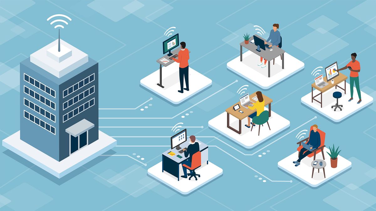 A graphic of a central office building with 5 remote workers, all of which are sending and receiving data