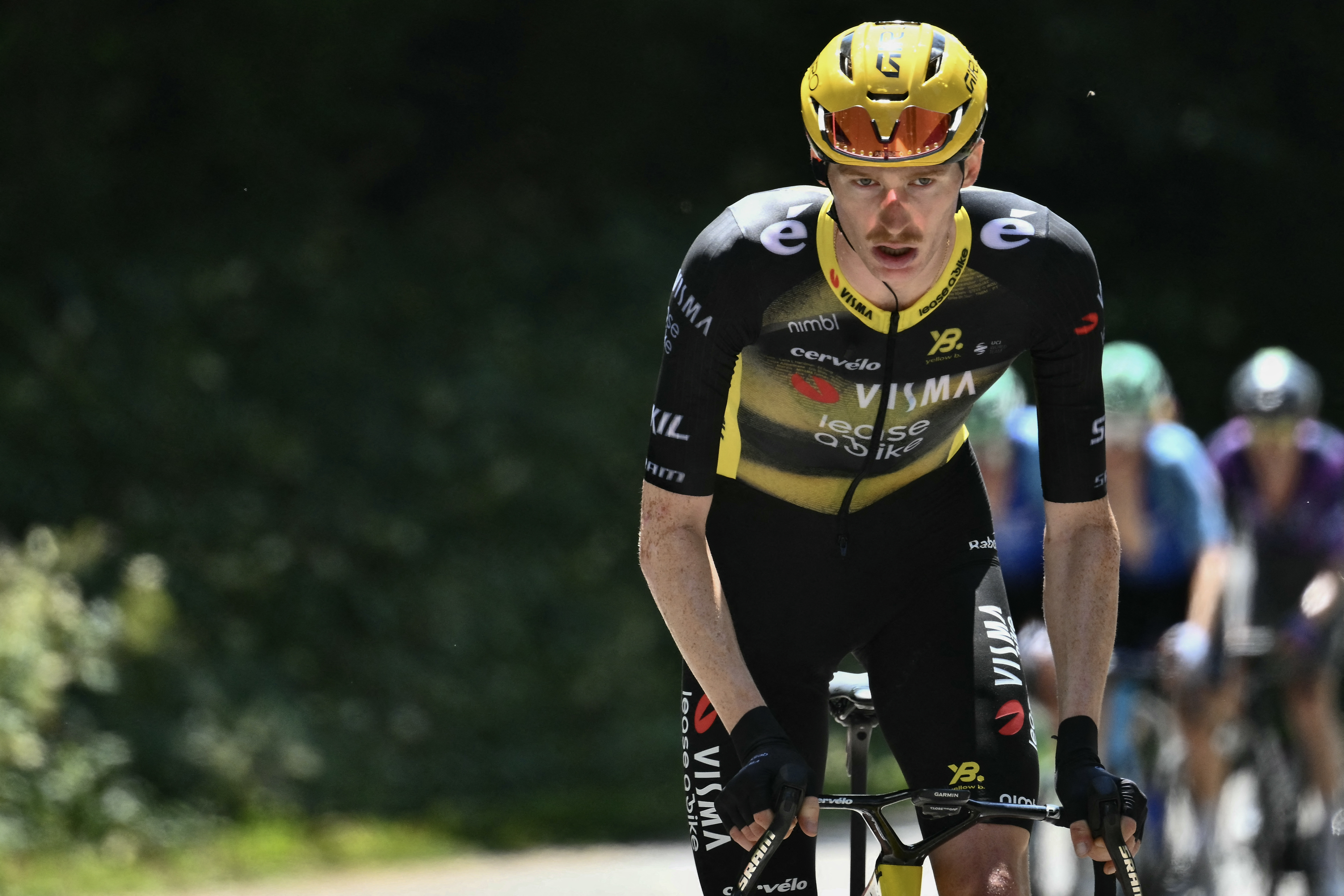 Team Visma - Lease a bike team's US rider Matteo Jorgenson cycles in a breakaway in the ascent of Col de la Madeleine during the 18th stage of the 112th edition of the Tour de France cycling race, 171.5 km between Vif and Courchevel Col de la Loze, in the Alps, southeastern France, on July 24, 2025. (Photo by Marco BERTORELLO / AFP) (Photo by MARCO BERTORELLO/AFP via Getty Images)