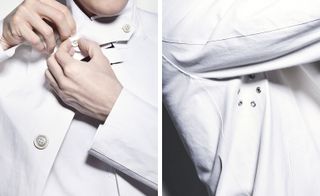 Two images, Left- Model fastening collar buttons, Right- Shirt detail