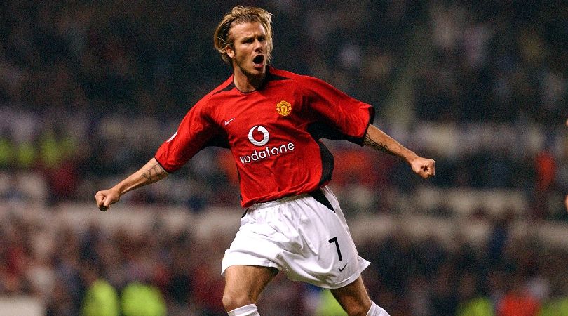 David Beckham celebrates after scoring for Manchester United against Real Madrid in the Champions League in 2003.