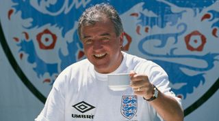 Manager Terry Venables holding a cup of tea at a training session of the England national football team at the Bisham Abbey sports centre in Berkshire, 4th June 1996. (Photo by Phil Cole/Getty Images)