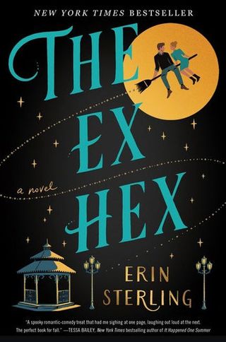 the ex hex book cover with a witch couple riding on a broom in the sky over a gazebo