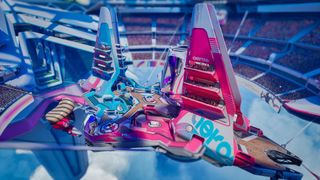 The Ozone map in Splitgate 2, a light blue and pink spaceship hanging in the sky