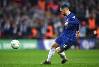 Eden Hazard scores a Panenka penalty for Chelsea against Manchester City in the shootout in the Carabao Cup final at Wembley in February 2019.