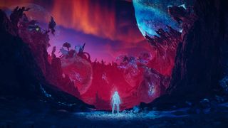 Starfield Shattered Space trailer screenshot showing an alien planet with deep red-purple skies and blue crystal-like rocky formations surrounding a glowing man