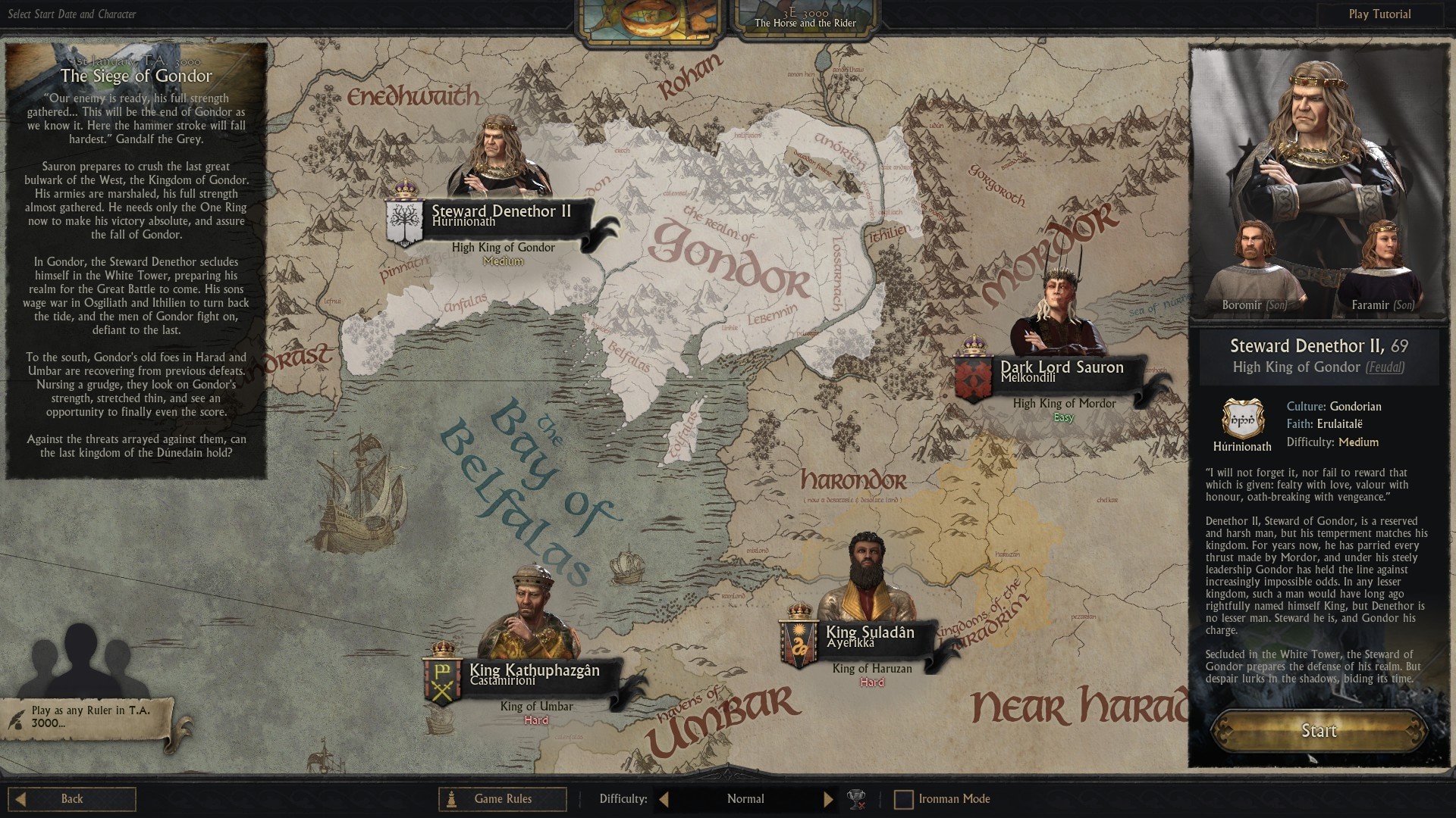 A map screen showing the rulers of middle earth in Crusader Kings 3 mod, Lord of the Rings: Realms in Exile