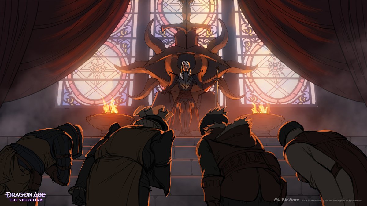 Well-dressed figures bow before a character on the Inquisitor's throne.